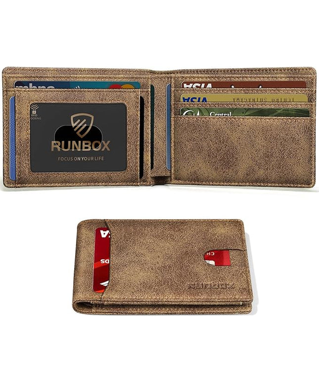 RUNBOX Wallet for Men Slim 11 Credit Card Holder Slots Leather RFID Blocking Small Thin Men's Wallet Bifold Minimalist Front Pocket Large Capacity Gift Box