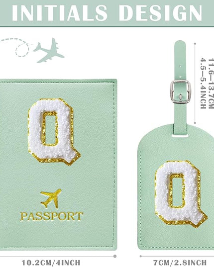 COSHAYSOO Green Passport Cover and Luggage Tag Set TSA Approved with Her Initial Chenille Letter Patch for Big Little Girls Sister Daughter, Hawaii Travel Bag Backpack Suitcase Identifier (Q)