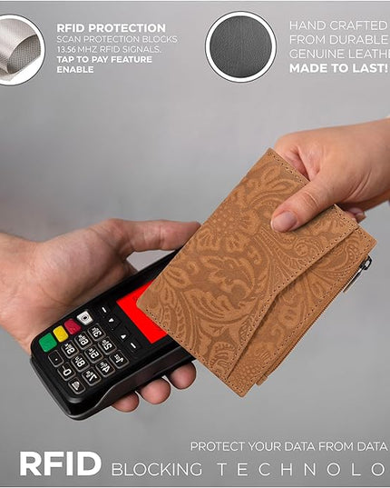 Oak Leathers Leather Wallet For Women - Small RFID Coin Purse Credit Card & ID Holder for Ladies, Gift for Women's, Bifold Wallets (Crazy Horse Cognac Flower)