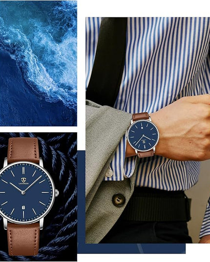 L LAVAREDO Watch for Men, Extremely Thin Mens Watches Minimalist Analog Men's Leather Wrist Watches with Time/Date, Birthday Gift for Men Boyfriend