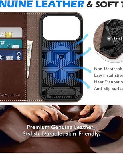 SHIELDON Case Wallet for iPhone 17 Pro 6.3-inch | Genuine Leather | Foldable Design | Magnetic Closure | RFID Blocking Card Holder | Kickstand | Drop Protection Phone Cover | Retro Coffee