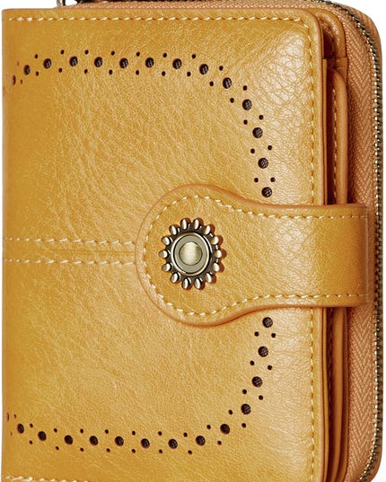 TFKGS Small Womens Wallet Leather RFID Blocking Bifold Compact Card Holder Ladies Zipper Accordion Pocket with ID Window Yellow