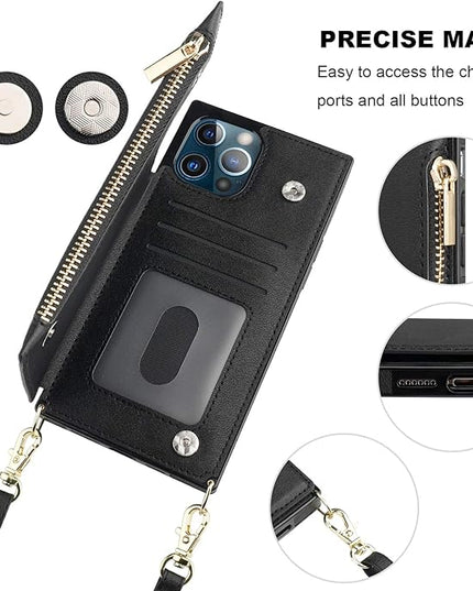 Bocasal Crossbody Wallet Case for iPhone 12 Pro Max with Card Holder,Zipper Card Slot Protector Shockproof Purse Cover with Removable Cross Body Strap 6.7 Inch(Black)