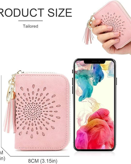 APHISON RFID Credit Card Holder Zipper Card Case Keychain Small Wallet for Women 1927 PINK