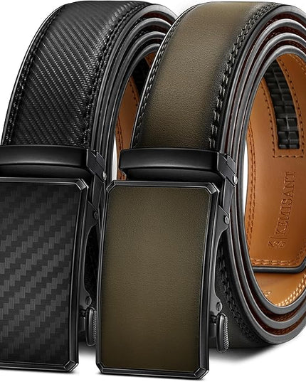 KEMISANT Men Belt 2 Pack, Leather Ratchet Belt Easy Click Slide For Men 1 3/8",Cut for Fit