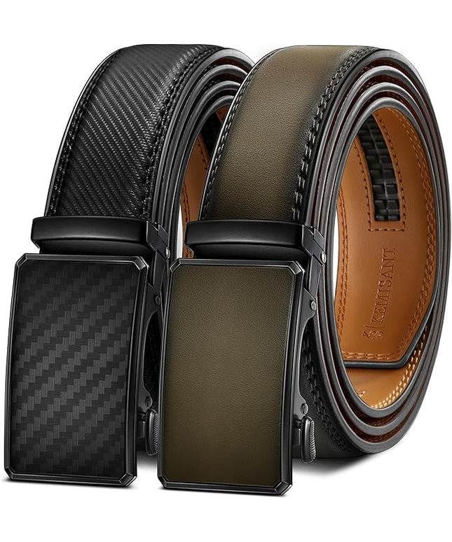 KEMISANT Men Belt 2 Pack, Leather Ratchet Belt Easy Click Slide For Men 1 3/8",Cut for Fit