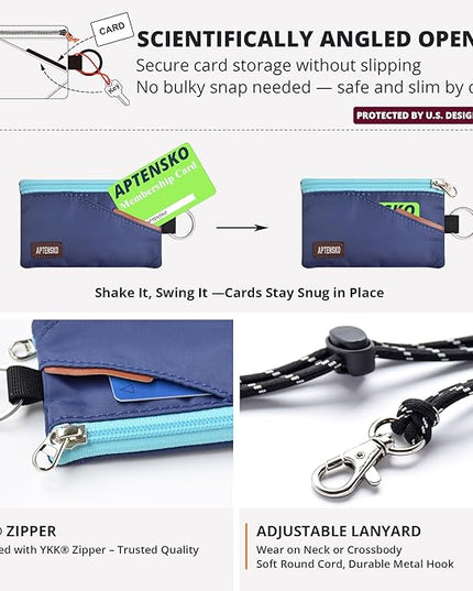 RFID Travel Wallet with Adjustable Lanyard-Zipper Small Wallet with ID Card Holder, Keychain for women&men-Minimalist Slim Waterproof Nylon case for ID, Cash, Key (Navy Blue)