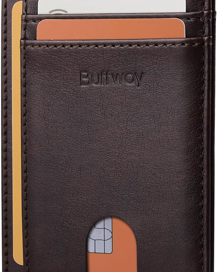 Buffway Slim Minimalist Front Pocket RFID Blocking Leather Wallets for Men and Women - Pebble Brown