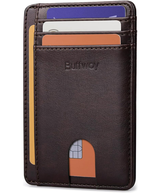 Buffway Slim Minimalist Front Pocket RFID Blocking Leather Wallets for Men and Women - Pebble Brown