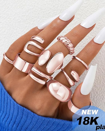 ÌF ME 10 PCS Gold Rings Set for Women Non Tarnish, 18K Gold Plated Chunky Stackable Rings, Statement Stacking Womens Ring Pack
