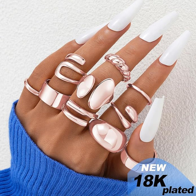 ÌF ME 10 PCS Gold Rings Set for Women Non Tarnish, 18K Gold Plated Chunky Stackable Rings, Statement Stacking Womens Ring Pack