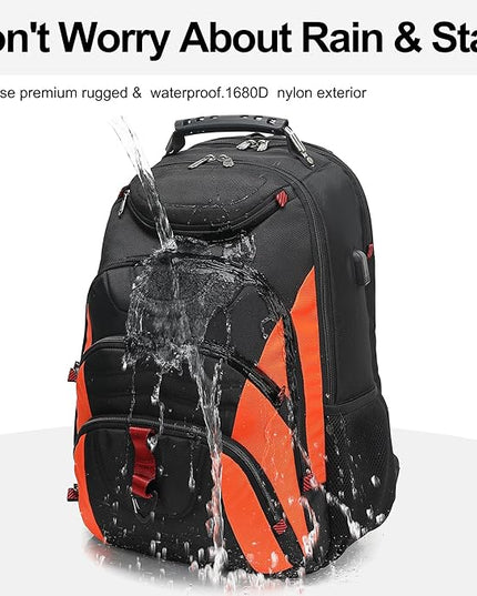 Boavan Laptop Backpack for men, 17.3 inch Laptop Bag with USB Port, Waterproof Travel Work Backpack Purse, Anti-Theft Teacher Nurse Doctor Casual Bookbags Office Business backpack，Black&Orange