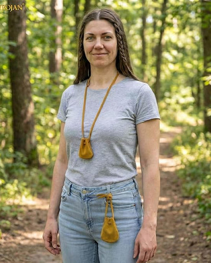 Mythrojan Small Trinket Pouches Suede Leather Drawstring Coin & Dice Bags for LARP, SCA, Viking & Medieval Events (Yellow - Pack of 2)
