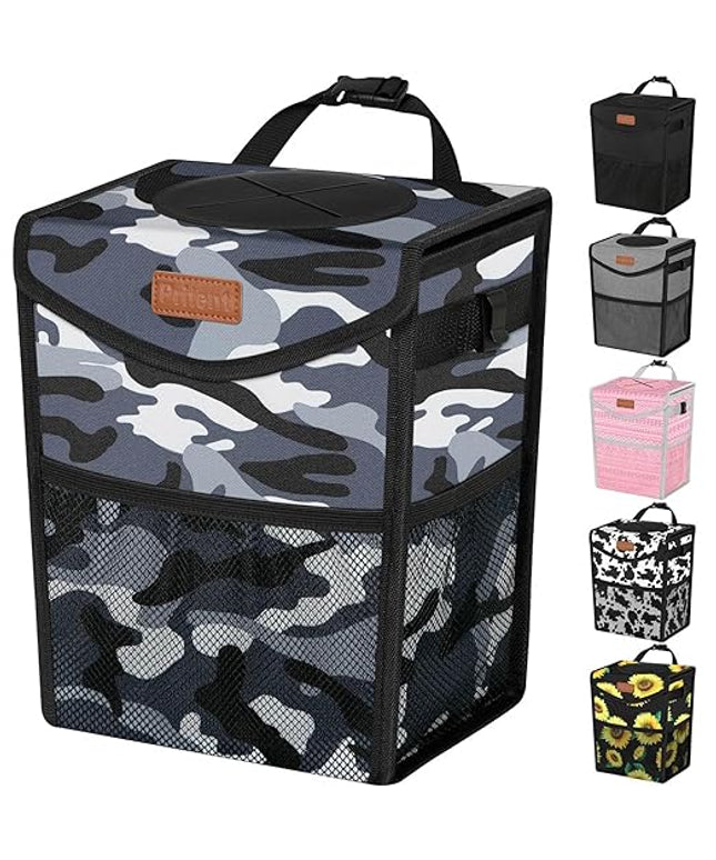 Car Trash Can with Lid, Cute Leakproof Car Trash Garbage Bag Hanging Vehicle Trash Bin Small Portable Automotive Garbage Cans Organizer for Back/Front Seat/Console(Trapezoid,Camo Grey)
