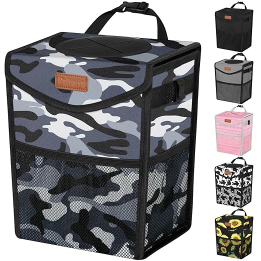 Car Trash Can with Lid, Cute Leakproof Car Trash Garbage Bag Hanging Vehicle Trash Bin Small Portable Automotive Garbage Cans Organizer for Back/Front Seat/Console(Trapezoid,Camo Grey)