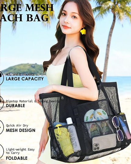 Mesh Beach Bag, Large Beach Tote with Zipper Pocket, Toys Pool Bag for Family Travel Vacation Cruise Essentials