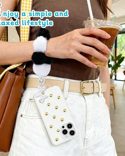 2 Pcs Phone Charm Wrist Strap with Tether Tab, Double Anti Lost Fluff Ball Beaded Wrist Lanyard, Detachable Leather Phone Charms for Bag, Key Chains, Camera Decor