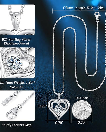 ANDSO Moissanite Heart Pendant Necklaces for Women, 925 Sterling Silver Necklace Engraved with 'I LOVE YOU', Ideal Anniversary Birthday Christmas Jewelry Gifts for Mom Wife Girlfriend Daughter Her