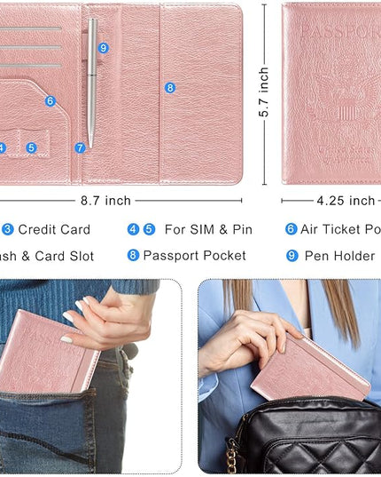 ACdream RFID BLOCKING Passport Holder Travel Wallet, Premium PU Leather Cover Passport Book with Card Holder, Pen Holder, Keep Organization, and Travel Essentials for Women and Men, Rose Gold