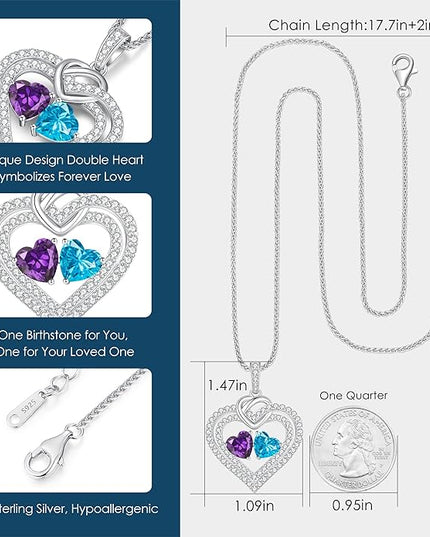 LOUISA SECRET Sparkling Double Heart Birthstone Necklaces for Women, 925 Sterling Silver Fine Jewelry, Pendant Heart Necklaces Birthday Anniversary Christmas Gift for Women Wife Mom Girlfriend Lady