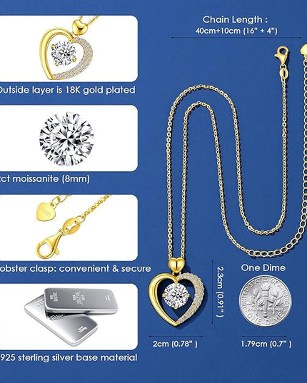 Beam & Bask Moissanite Heart Pendant Necklaces for Women, Engraved with LOVE, Sterling Silver Plated with 18K Gold, Anniversary and Birthday Jewelry for Wife, Girlfriend, Mom, or Her