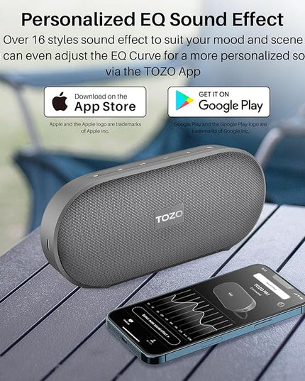 TOZO PA1 Bluetooth Speaker Built-in Microphone Stereo Sound, 25H Playtime, IPX7 Waterproof Shower Speaker, Portable Wireless Speaker with EQ Mode, APP Control, Dual Pairing for Home, Travel, Black