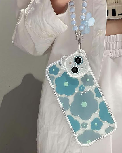 Compatible with iPhone 14 Pro Case Blue Shockproof Cover Camera Lens Case Cute, Clear, Floral Bear, Lovely Flower, Wrist Strap Bracelet Chain, for Women, Girly