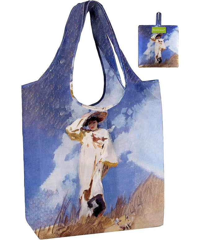 BeeGreen Oil Painting Flower Tote Bag - Large Reusable Grocery Bag, Polyester Grocery Bags Gifts for Women,Foldable, Washable, Packable with Handles & Pouch for Shopping, Beach, Work, Summer