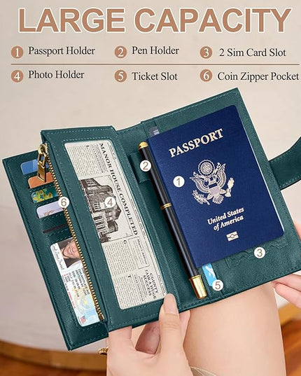 BKNOOU Passport Holder for Women and Man, Compact Travel Passport Wallet Rfid Blocking Passport Holder Leather Travel Wallet Trifold Clutch Wallet, Passport Cover Holds Cards, Tickets, Cash and Pen