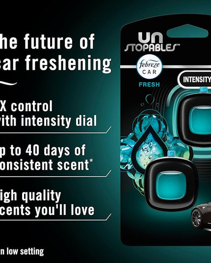 Febreze Car Air Freshener, Odor-Fighting Automotive Vent Clip, Scented Car Accessories, Long Lasting for Strong Odors, Unique Stocking Stuffer, Unstopables Fresh Scent, .07 fl oz, Blue, 4 Count