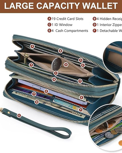 yiijay Womens Wallet RFID Blocking Large Capacity Leather Double Zip Wristlet Wallet Credit Card Phone Passport Holder for Travel Ladies Clutch Purse