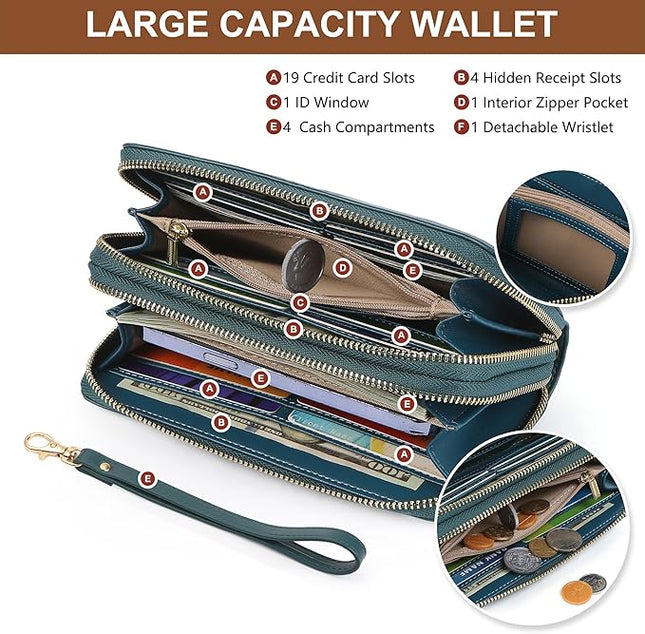 yiijay Womens Wallet RFID Blocking Large Capacity Leather Double Zip Wristlet Wallet Credit Card Phone Passport Holder for Travel Ladies Clutch Purse