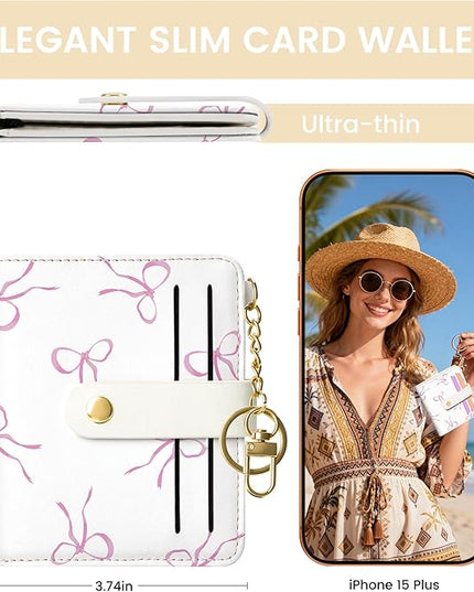 Sodsay Small Slim Wallet Women RFID Blocking, PU Leather Bifold Ladies Wallet with Zipper Coin Pocket, Thin Cute Travel Card Wallets for Girls, Pink Whimsical Bows