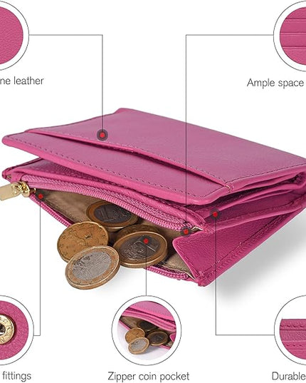 Oak Leathers Leather Wallet For Women - Small RFID Coin Purse Credit Card & ID Holder for Ladies, Gift for Women's, Bifold Wallets (Nappa Pink)