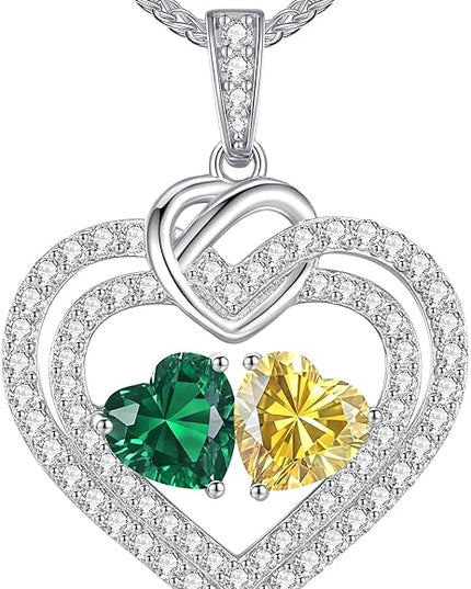 LOUISA SECRET Sparkling Double Heart Birthstone Necklaces for Women, 925 Sterling Silver Fine Jewelry, Pendant Heart Necklaces Birthday Anniversary Christmas Gift for Women Wife Mom Girlfriend Lady
