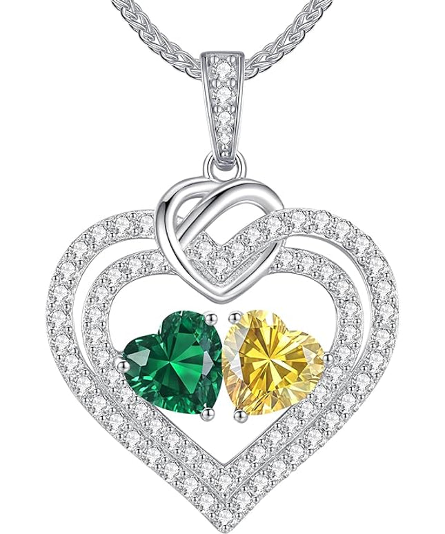 LOUISA SECRET Sparkling Double Heart Birthstone Necklaces for Women, 925 Sterling Silver Fine Jewelry, Pendant Heart Necklaces Birthday Anniversary Christmas Gift for Women Wife Mom Girlfriend Lady