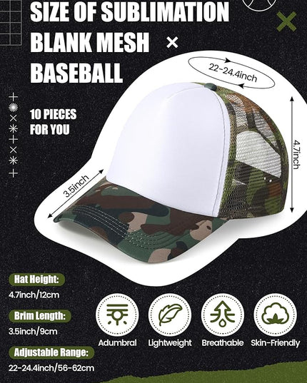 10 Pcs Sublimation Blank Trucker Hats Bulk Mesh Baseball Cap Polyester Mesh Trucker Hat for Men and Women
