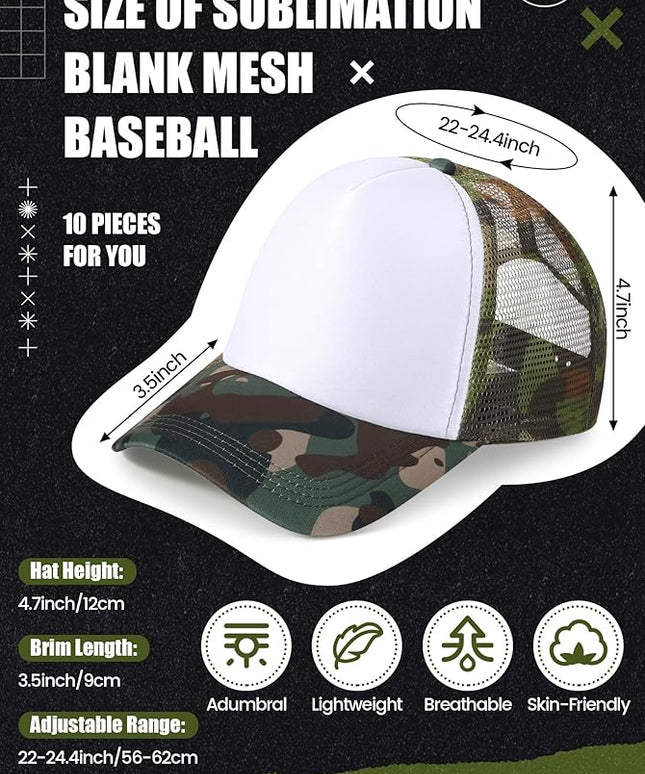 10 Pcs Sublimation Blank Trucker Hats Bulk Mesh Baseball Cap Polyester Mesh Trucker Hat for Men and Women