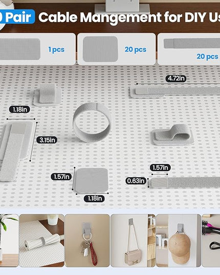Cable Management Under Desk, 【Up to 15 Cord】【Enhanced Wire Holder】 Reusable Cord Organizer Holder, Adjustable Hook and Loop Cable Ties, Wire Clips Under Table Hider, 20 Pair(Grey)