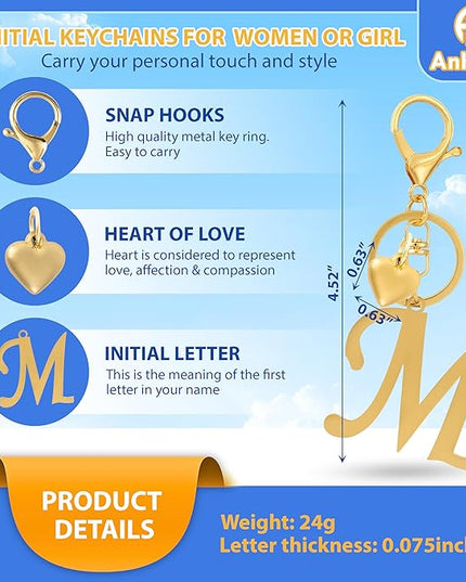 A-Z Heart Initial Letter Keychain, Stainless Steel Alphabet Charm for Handbags, Gift for Women and Girls