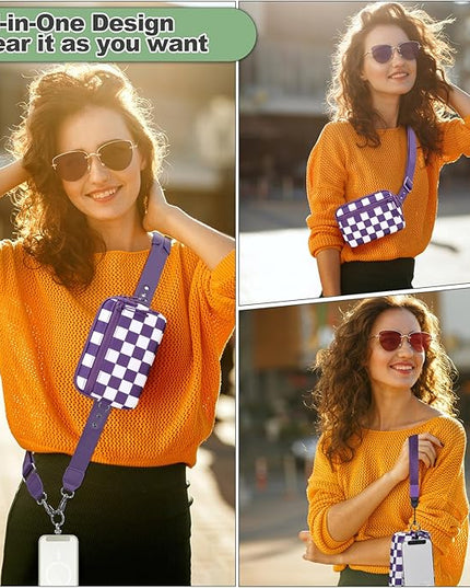 Clip and Go Strap for Phone with Wallet Crossbody, Adjustable Phone Lanyard with Detachable RFID Wristlet Wallet, Phone Strap with Phone Tabs for All Phones, Purple Checkered (M)