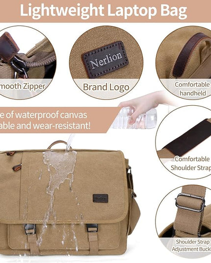 Nerlion Messenger Bag for Men 17-17.3 Inch Laptop Bag Canvas Water-resistant Computer Bag Shoulder Bag Work Briefcase Bookbag for College (Brown)
