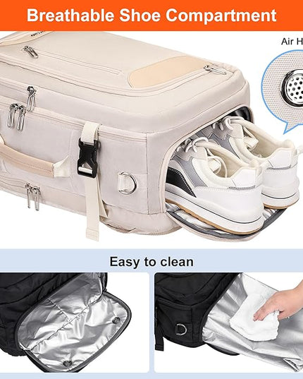 PIJUSHI Travel Backpack for Women Flight Approved Carry on Bag 16 inch Laptop Personal Item Daypack with Shoe Compartment(PE038 Beige)
