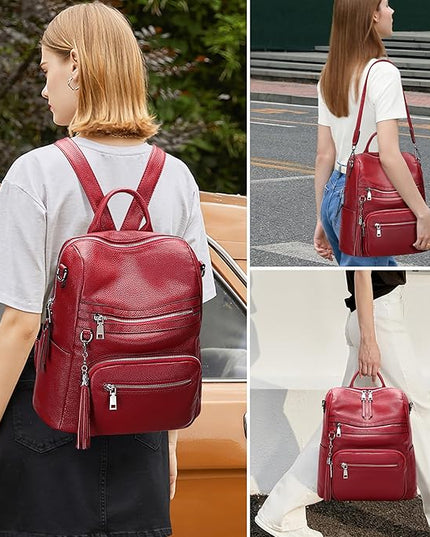 ALTOSY Genuine Leather Backpack Purse for Women Large Shoulder Bag With Laptop Compartment Multiple Pockets(S106 Red)