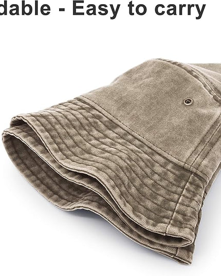 Bucket Hat, Wide Brim Washed Denim Cotton Outdoor Sun Hat Flat Top Cap for Fishing Hiking Beach Sports
