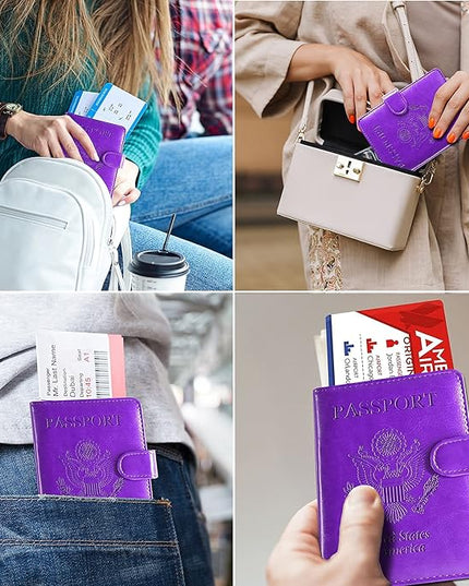 RSAquar Unisex Faux Leather Passport and Vaccine Card Holder Combo, Purple, Slim and Lightweight with RFID Blocking Technology