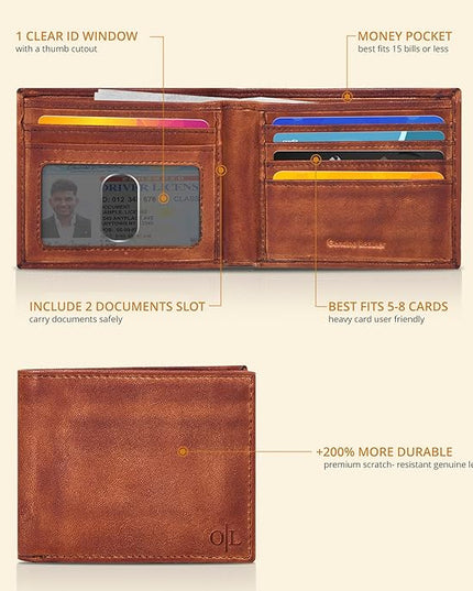 Oak Leathers Slim Leather Wallet for Men - RFID Blocking Slim Minimalist Front Pocket - Thin & Stylish with ID Window, Gift For Men (Vintage Tan)