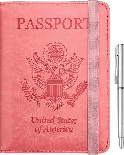 WALNEW Passport Holder for Travel, RFID Passport Cover Wallet for Women Men, PU Leather Passport Book Card Holder Case with Pen, Travelling Essentials for Flying