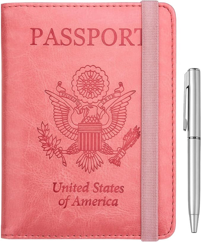 WALNEW Passport Holder for Travel, RFID Passport Cover Wallet for Women Men, PU Leather Passport Book Card Holder Case with Pen, Travelling Essentials for Flying