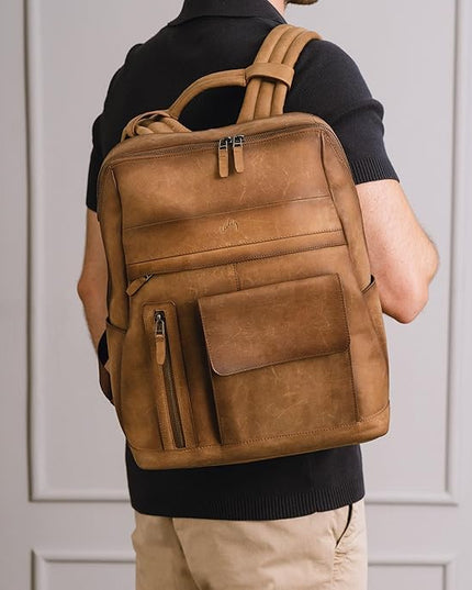VELEZ Brown Leather Backpack for Men & Women - Large Capacity Laptop Travel Backpack with 17" Sleeve - Vintage Travel Bag with Adjustable Straps, Multiple Pockets & Trolley Sleeve